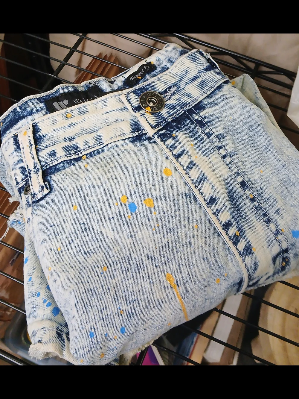 Men's Acid-Wash Jean Shorts with Blue Flame Detail